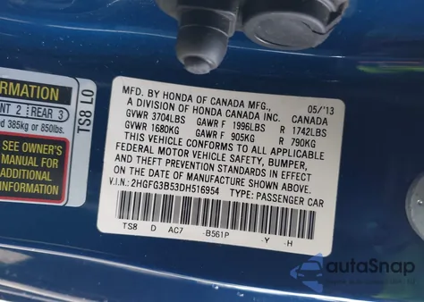 2013 Honda Civic Lx из США, поврежденный, VIN 2HGFG3B53DH516954